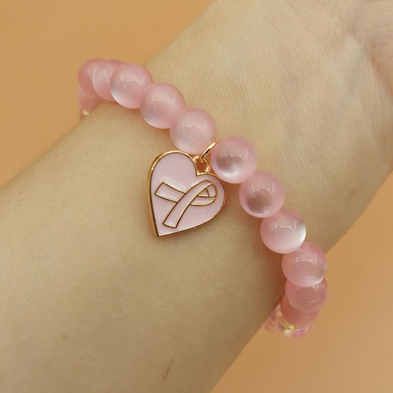 Breast Cancer Bracelets Pink Ribbon Cat's Eye Stone Beads Ribbon Inspirational Awareness Bracelets Encouragement Handmade Gifts for Women Girls Best Friend Sister-1