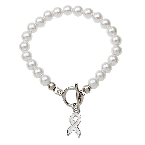 CMajor Imitation Pearl White Ribbon Bone Cancer Awareness Bracelet