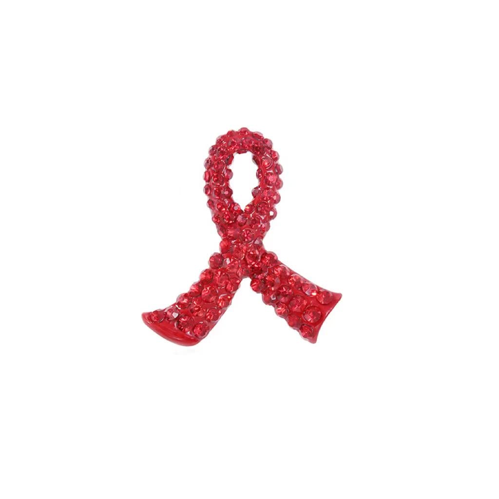 Awareness Red Ribbon Rhinestone Crystal Lapel Pins for HIV/AIDS/Addiction 3.2*3.4cm