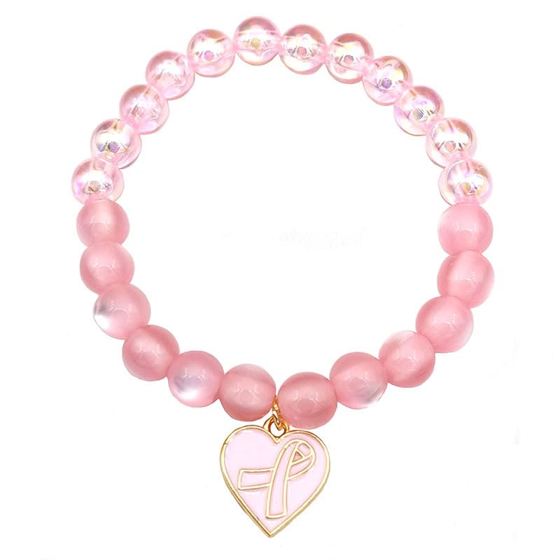 Breast Cancer Bracelets Pink Ribbon Cat's Eye Stone Beads Ribbon Inspirational Awareness Bracelets Encouragement Handmade Gifts for Women Girls Best Friend Sister-1