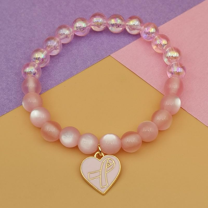 Breast Cancer Bracelets Pink Ribbon Cat's Eye Stone Beads Ribbon Inspirational Awareness Bracelets Encouragement Handmade Gifts for Women Girls Best Friend Sister-1