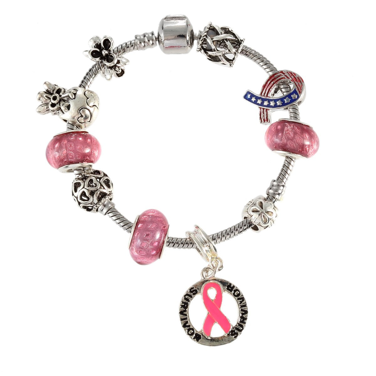 CMajor Pink Ribbon Charm Beads Rhinestones Bracelets