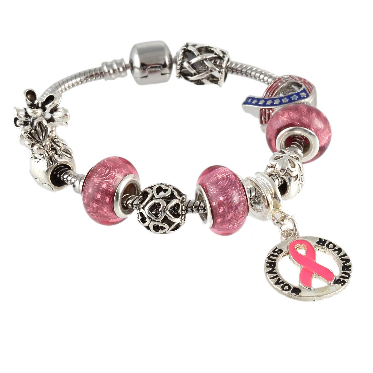 CMajor Pink Ribbon Charm Beads Rhinestones Bracelets