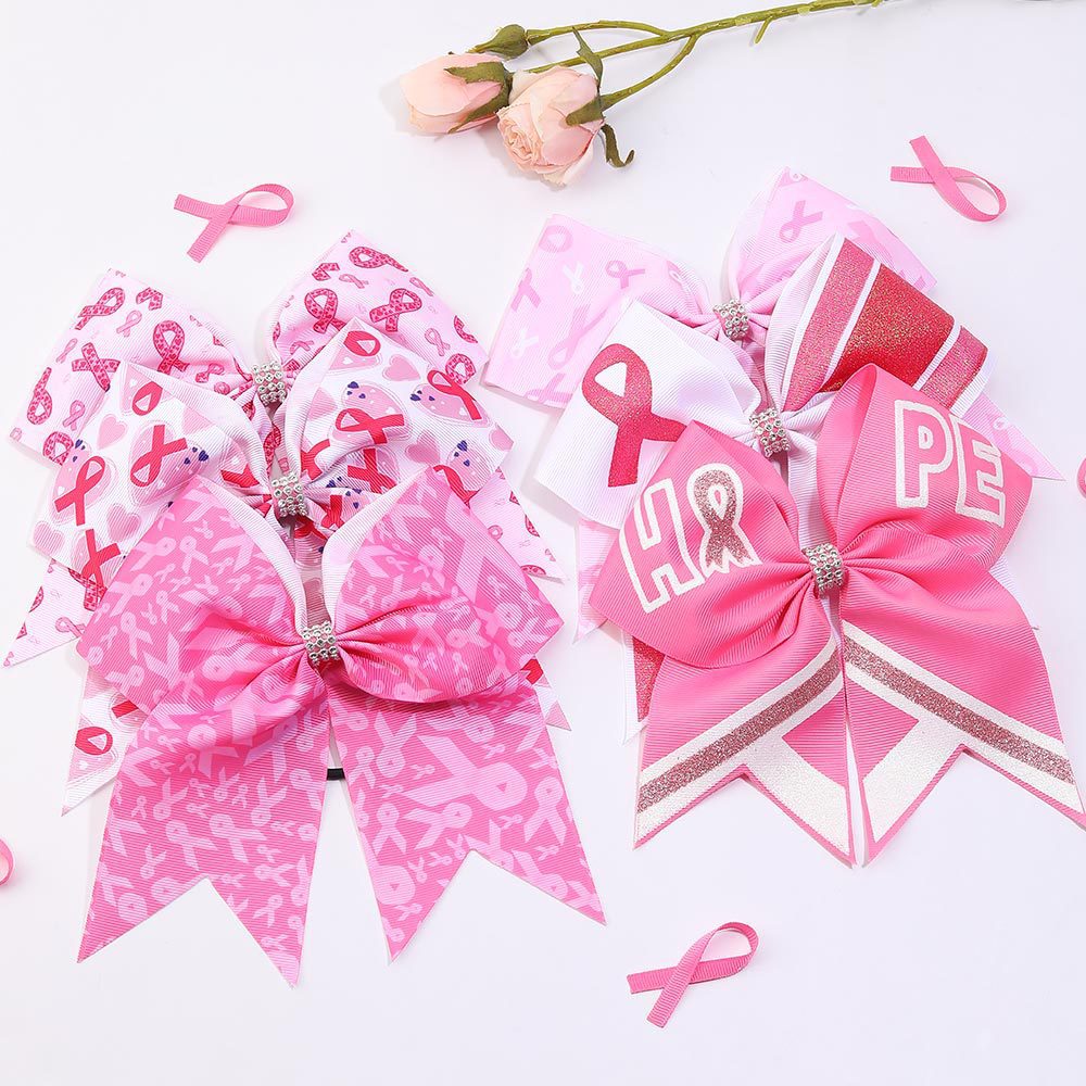 Breast Cancer Awareness Cheer Bows Pink Ribbon 7 Inch Hair Band Elastic Scrunchies Cheerleading Hair Accessories for Teens Women