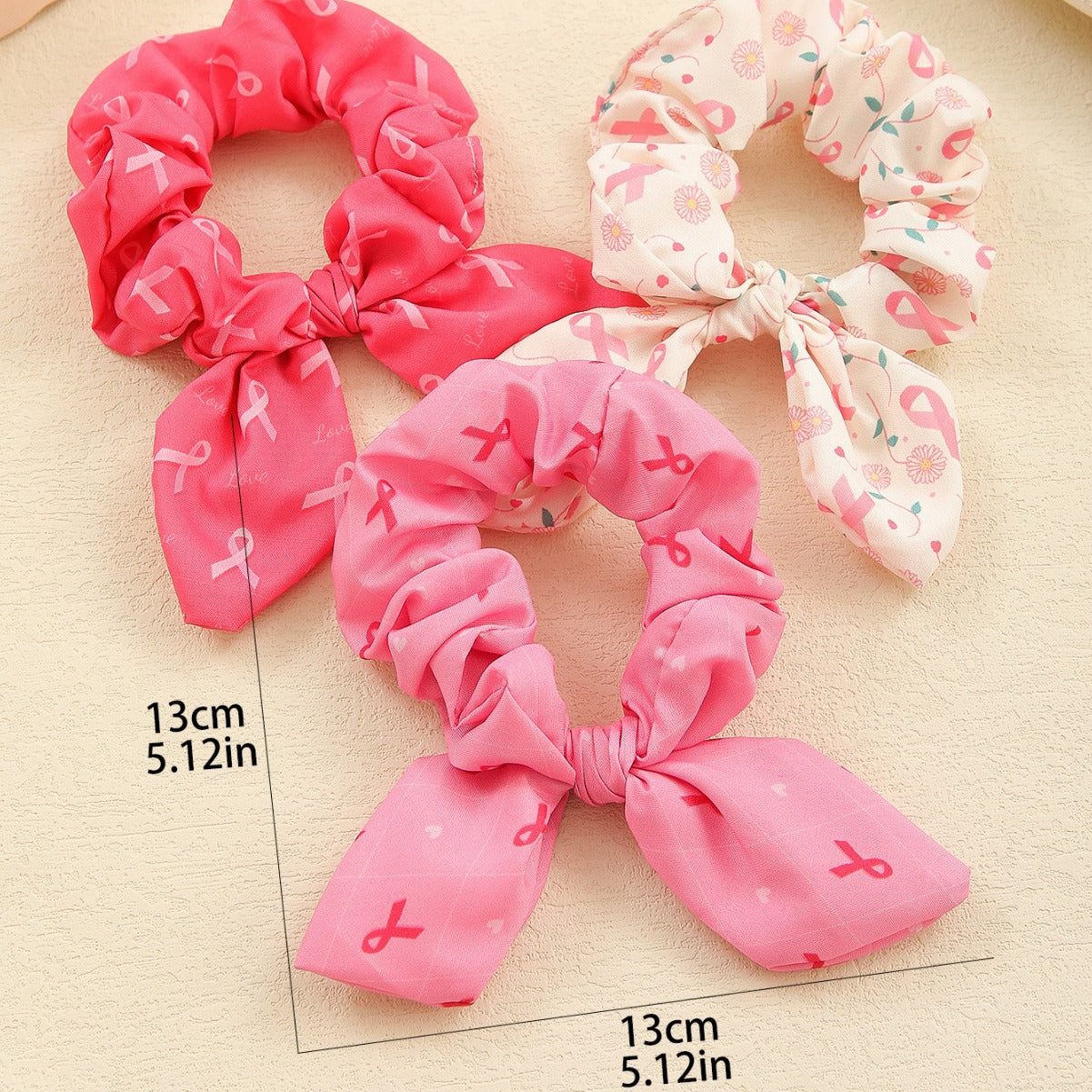 Pink Ribbon Cute Bow Bunny Ears Scrunchies Hair Ties Silk Satin Scrunchy Hair Elastic Ponytail Holder Bobbles Soft Elegant Elastic Hair Bands Charity Hair Accessories
