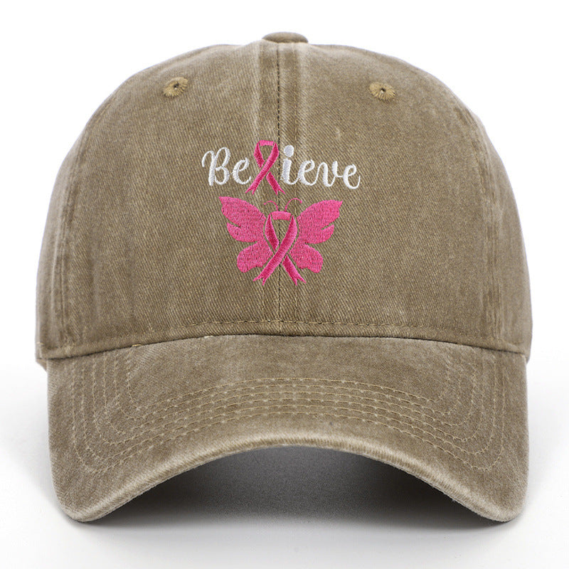 Breast Cancer Awareness Pink Ribbon Adjustable Snapback Cap, Embroidered "Believe" with Pink Ribbon & Butterfly on Cotton-Denim Hat