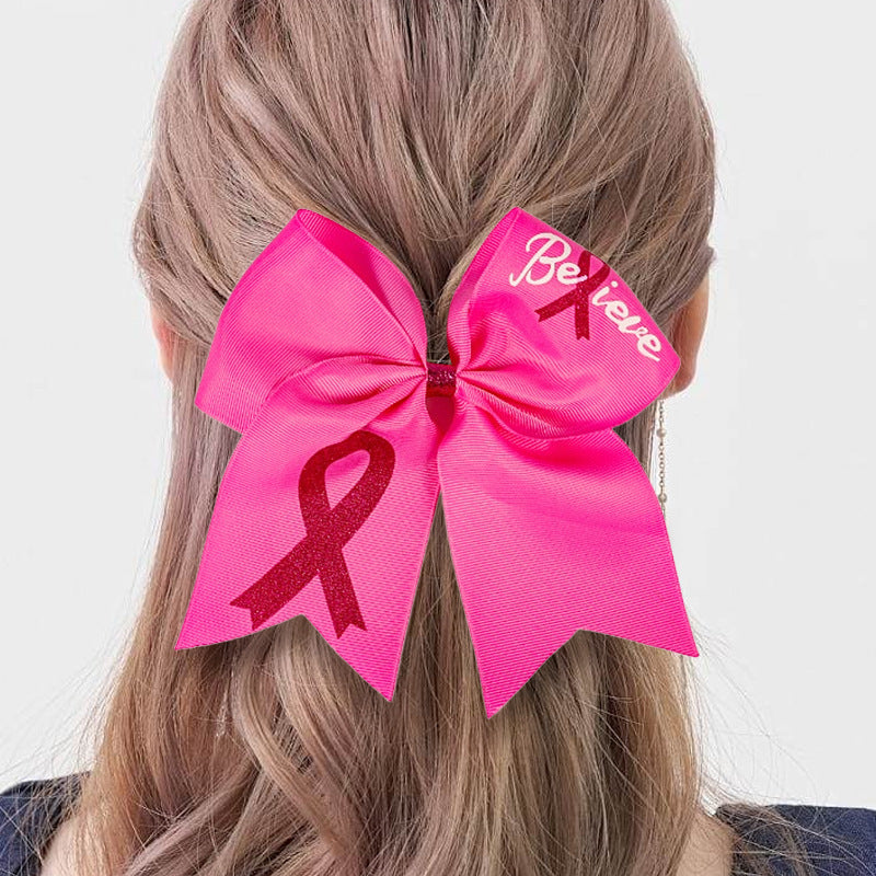 Breast Cancer Awareness Cheer Bows Pink Ribbon 7 Inch Hair Band Elastic Scrunchies Cheerleading with Hair Band Hair Accessories for Teens Women