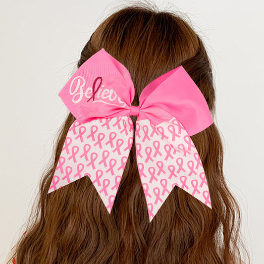 7 Inch Breast Cancer Awareness Cheer Bows Pink Ribbon Hair Band Elastic Scrunchies Cheerleading with Hair Band Hair Accessories for Teens Women