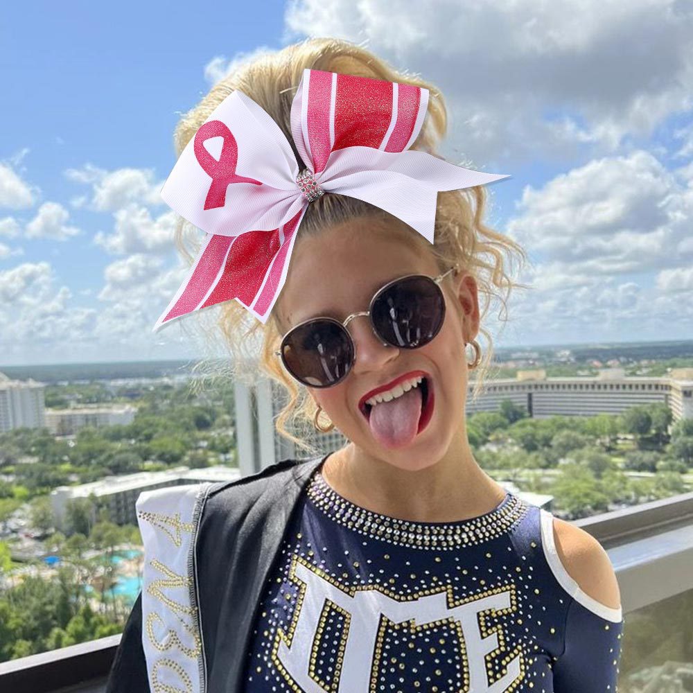 Breast Cancer Awareness Cheer Bows Pink Ribbon 7 Inch Hair Band Elastic Scrunchies Cheerleading Hair Accessories for Teens Women