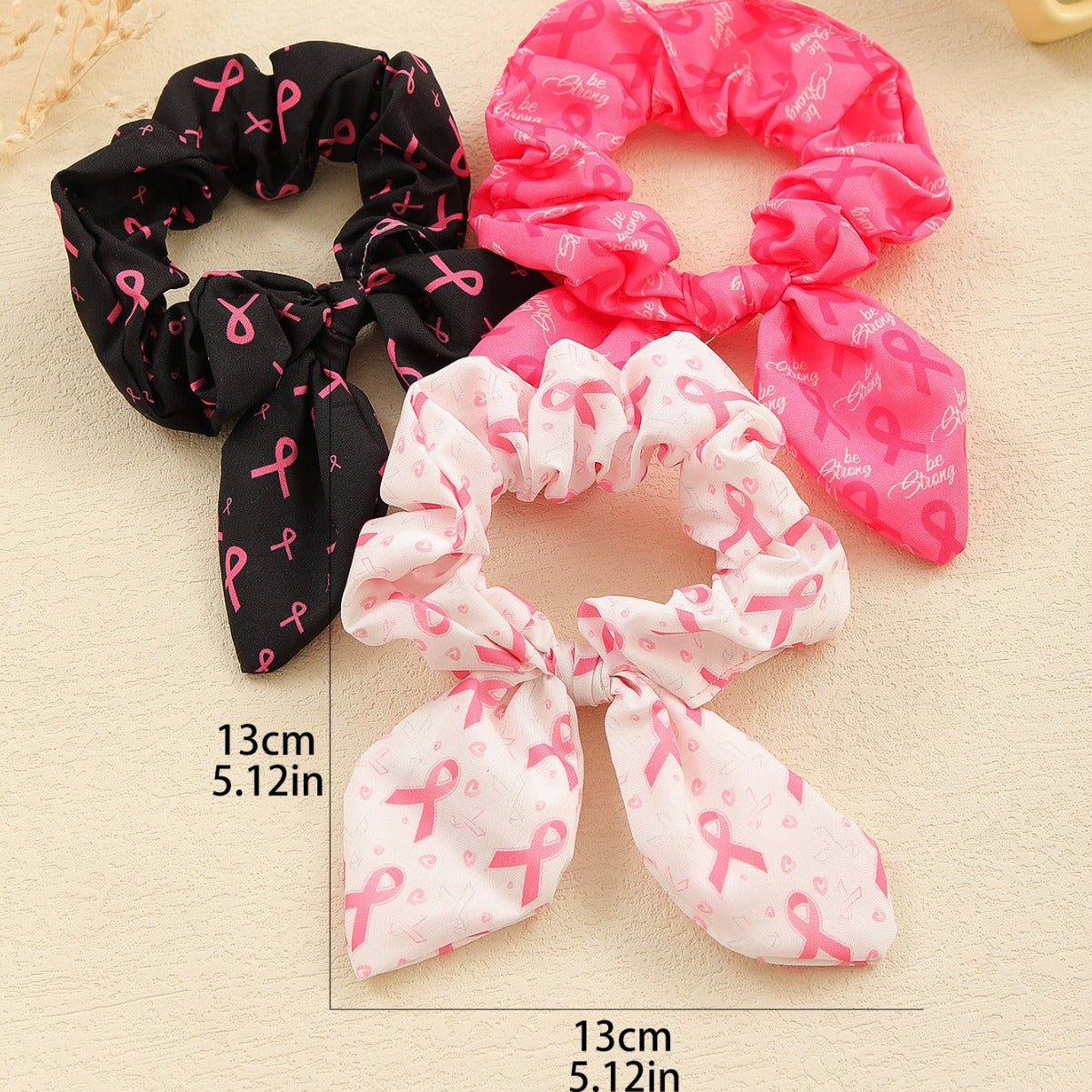 Pink Ribbon Cute Bow Bunny Ears Scrunchies Hair Ties Silk Satin Scrunchy Hair Elastic Ponytail Holder Bobbles Soft Elegant Elastic Hair Bands Charity Hair Accessories
