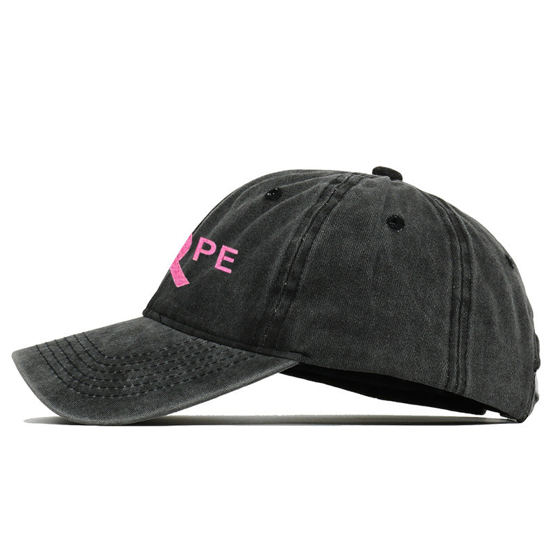 Breast Cancer Awareness Pin Ribbon Hope Letter Embroidered Baseball Cap, Washed Cotton Snapback, Unisex Outdoor Casual Sun Hat