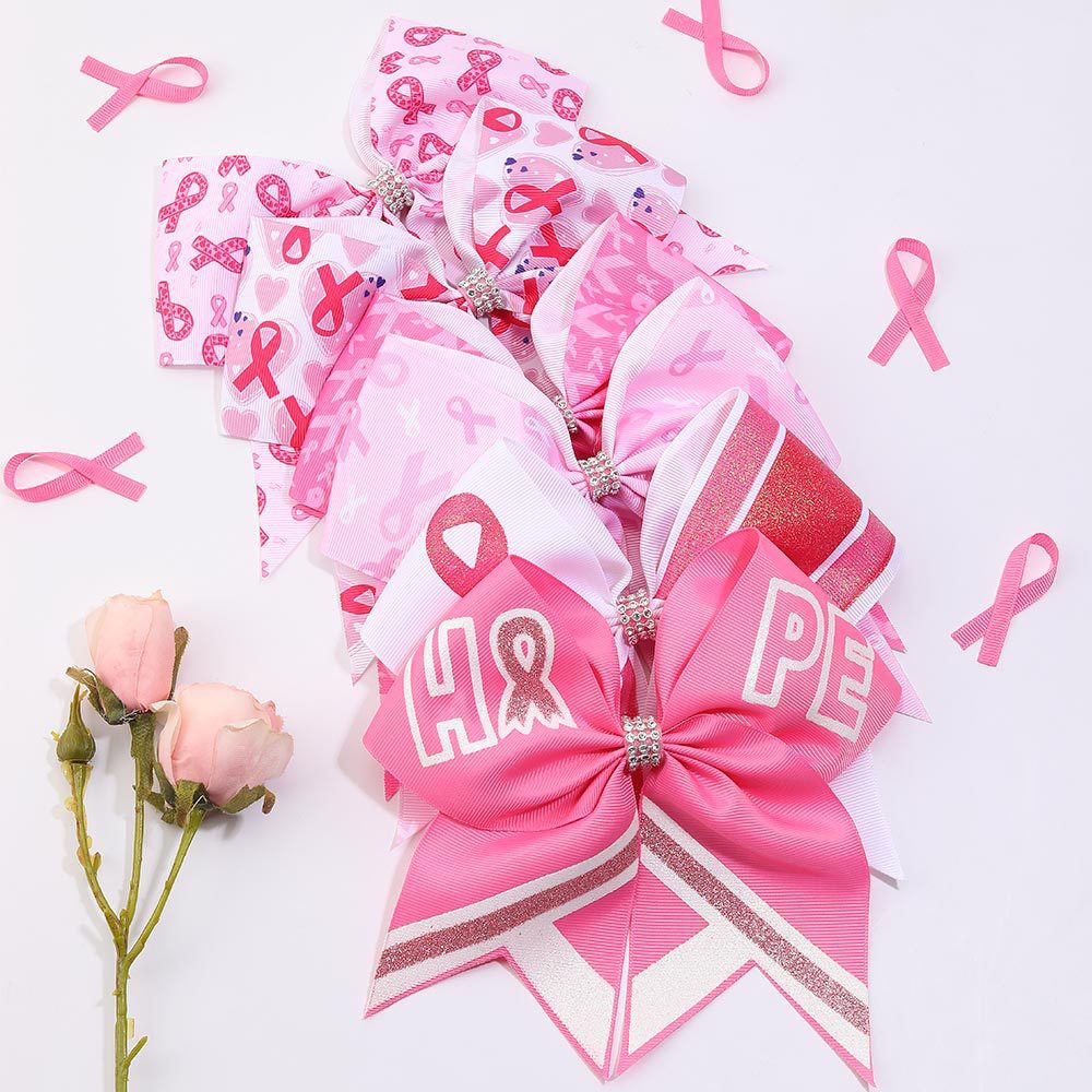 Breast Cancer Awareness Cheer Bows Pink Ribbon 7 Inch Hair Band Elastic Scrunchies Cheerleading Hair Accessories for Teens Women