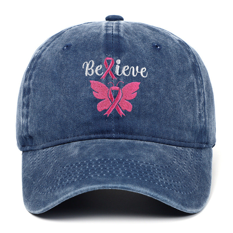 Breast Cancer Awareness Pink Ribbon Adjustable Snapback Cap, Embroidered "Believe" with Pink Ribbon & Butterfly on Cotton-Denim Hat