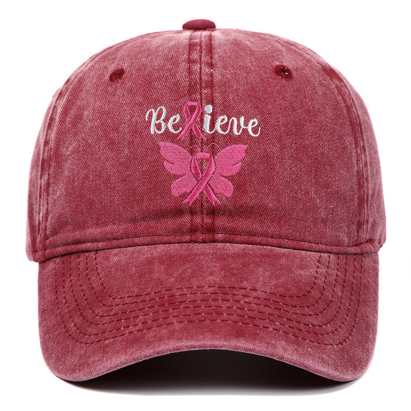 Breast Cancer Awareness Pink Ribbon Adjustable Snapback Cap, Embroidered "Believe" with Pink Ribbon & Butterfly on Cotton-Denim Hat