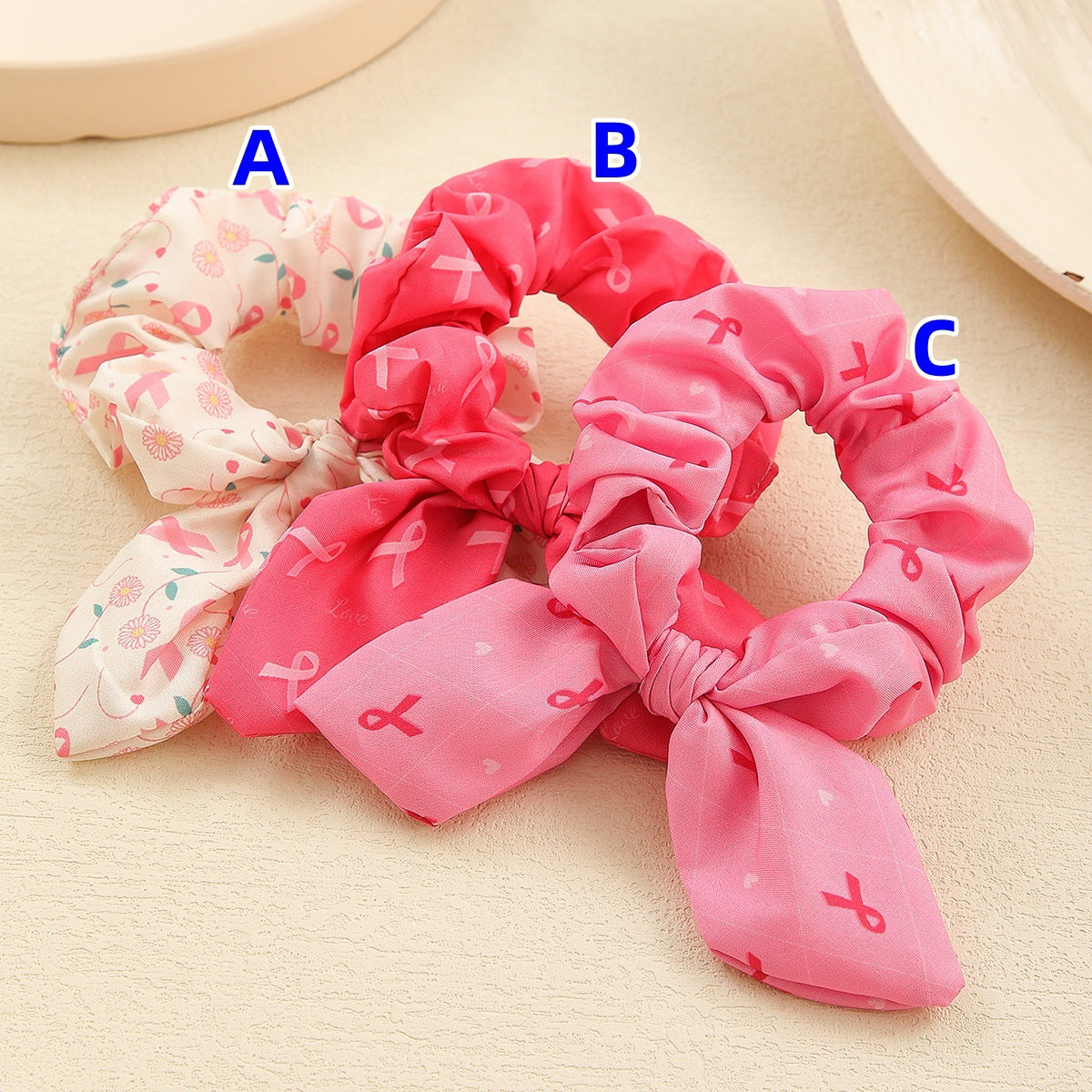 Pink Ribbon Cute Bow Bunny Ears Scrunchies Hair Ties Silk Satin Scrunchy Hair Elastic Ponytail Holder Bobbles Soft Elegant Elastic Hair Bands Charity Hair Accessories