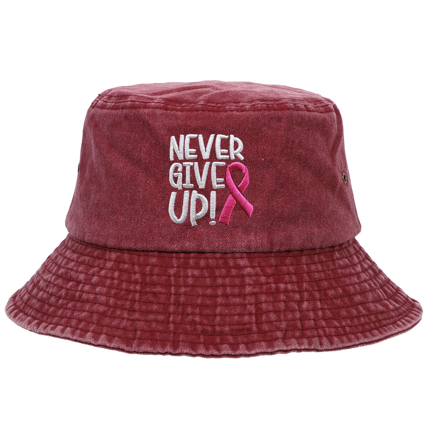 Breast Cancer Awareness Pink Ribbon Embroidered Letter NEVER GIVE UP Washed Cotton Bucket Hat Cap Wholesale