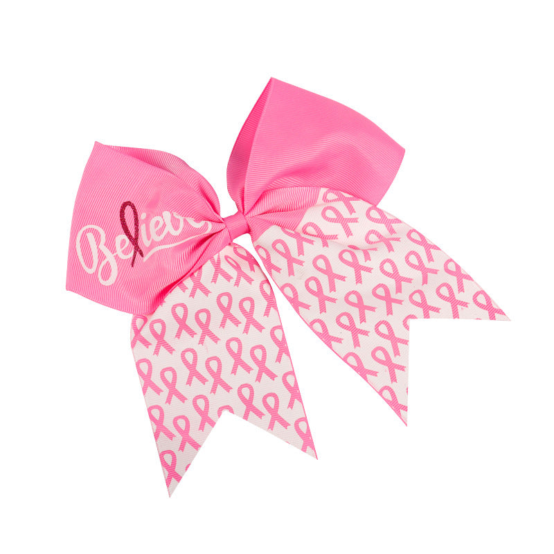 7 Inch Breast Cancer Awareness Cheer Bows Pink Ribbon Hair Band Elastic Scrunchies Cheerleading with Hair Band Hair Accessories for Teens Women