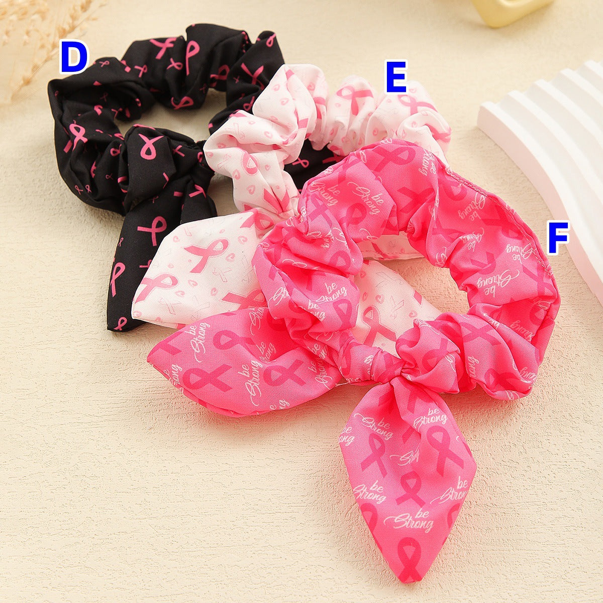 Pink Ribbon Cute Bow Bunny Ears Scrunchies Hair Ties Silk Satin Scrunchy Hair Elastic Ponytail Holder Bobbles Soft Elegant Elastic Hair Bands Charity Hair Accessories