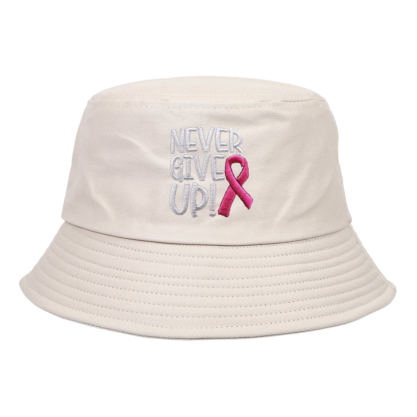 Breast Cancer Awareness Pink Ribbon Embroidered Letter NEVER GIVE UP Washed Cotton Bucket Hat Cap Wholesale