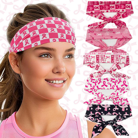 Breast Cancer Awareness Day Pink Ribbon Printed Scrunchies, Women's Multi-Use Sports/Yoga/Spa Headband Hair Accessories