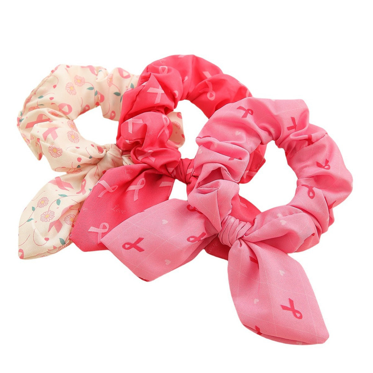 Pink Ribbon Cute Bow Bunny Ears Scrunchies Hair Ties Silk Satin Scrunchy Hair Elastic Ponytail Holder Bobbles Soft Elegant Elastic Hair Bands Charity Hair Accessories