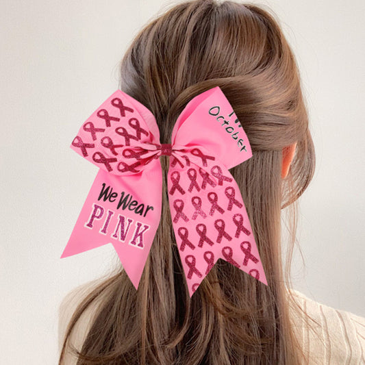 Breast Cancer Awareness Cheer Bows Pink Ribbon 7 Inch Hair Band Elastic Scrunchies Cheerleading Hair Accessories for Teens Women