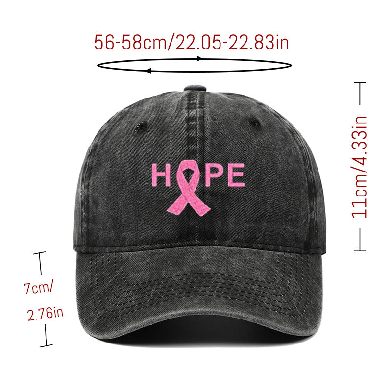 Breast Cancer Awareness Pin Ribbon Hope Letter Embroidered Baseball Cap, Washed Cotton Snapback, Unisex Outdoor Casual Sun Hat