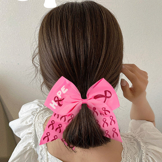 Breast Cancer Awareness Cheer Bows Pink Ribbon Cheerleaders Hair Bow Tie with Elastic Bands Ponytail Holder Hair Accessories for Women Girls Wholesale