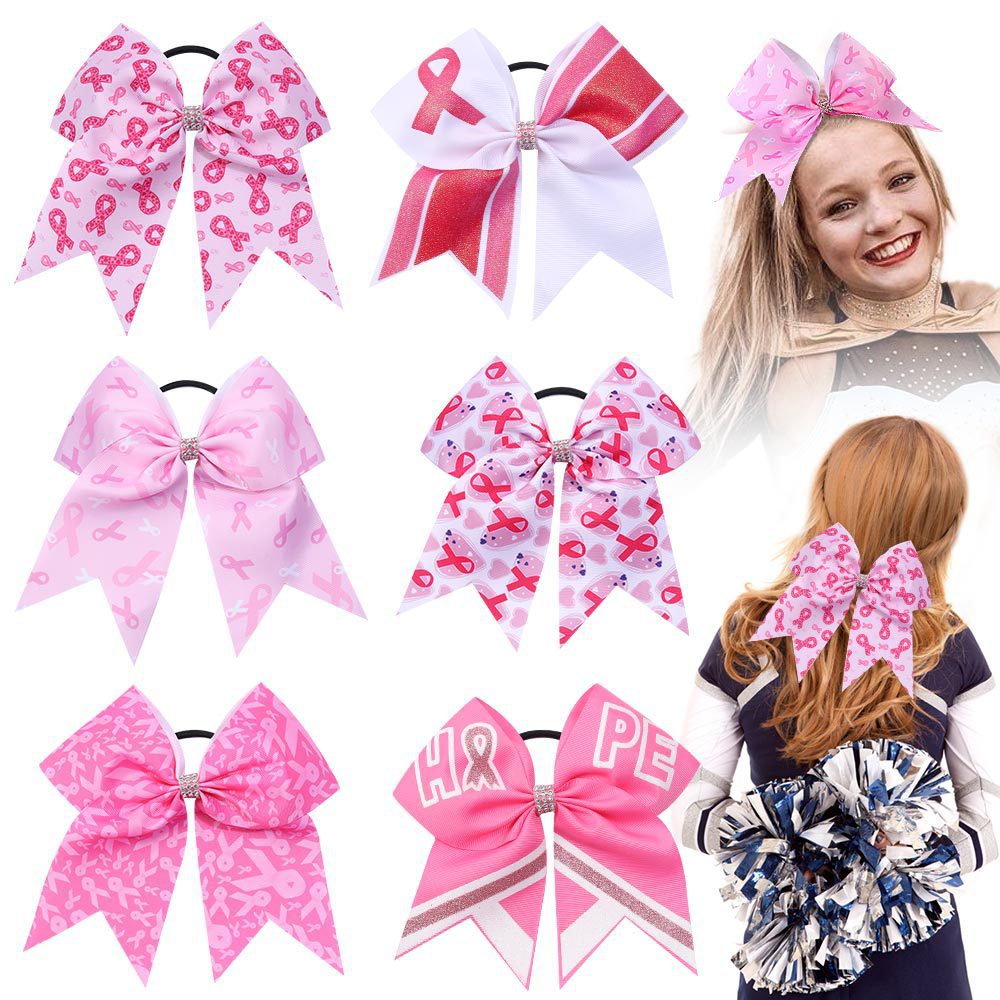Breast Cancer Awareness Cheer Bows Pink Ribbon 7 Inch Hair Band Elastic Scrunchies Cheerleading Hair Accessories for Teens Women