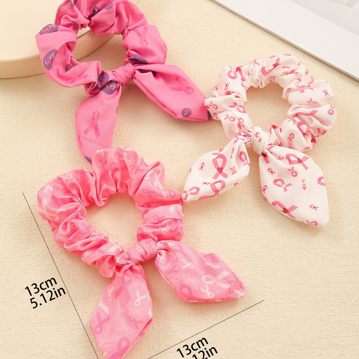 Pink Ribbon Cute Bow Bunny Ears Scrunchies Hair Ties Silk Satin Scrunchy Hair Elastic Ponytail Holder Bobbles Soft Elegant Elastic Hair Bands Charity Hair Accessories