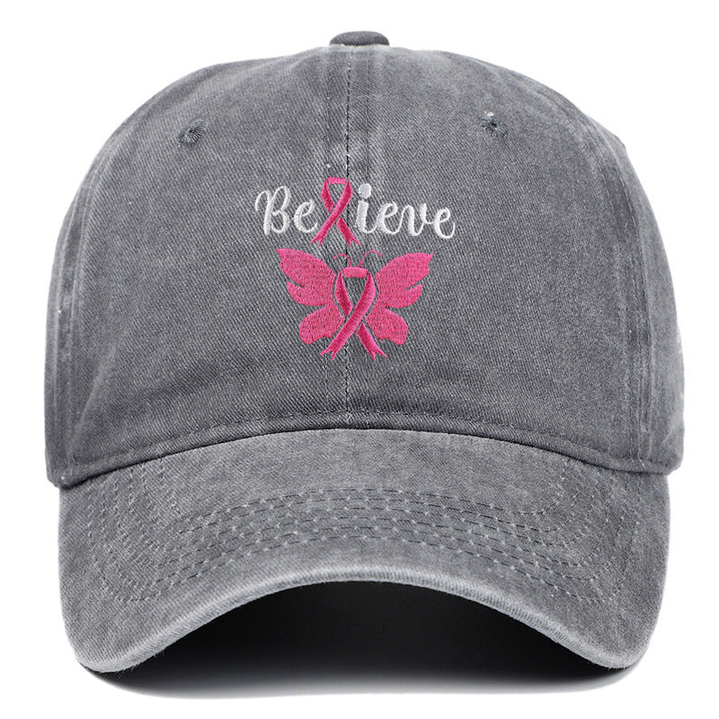Breast Cancer Awareness Pink Ribbon Adjustable Snapback Cap, Embroidered "Believe" with Pink Ribbon & Butterfly on Cotton-Denim Hat