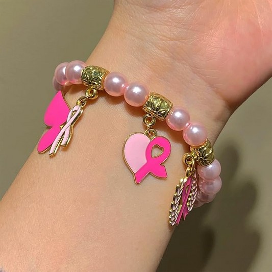 Breast Cancer Awareness Bracelet, Pink Ribbon Charm Beaded Bracelet for Women, Encouragement & Support Breast Cancer Jewelry