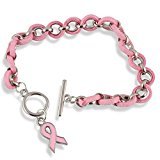 CMajor Pink Leather and Metal Breast Cancer Awareness Pink Ribbon Bracelet