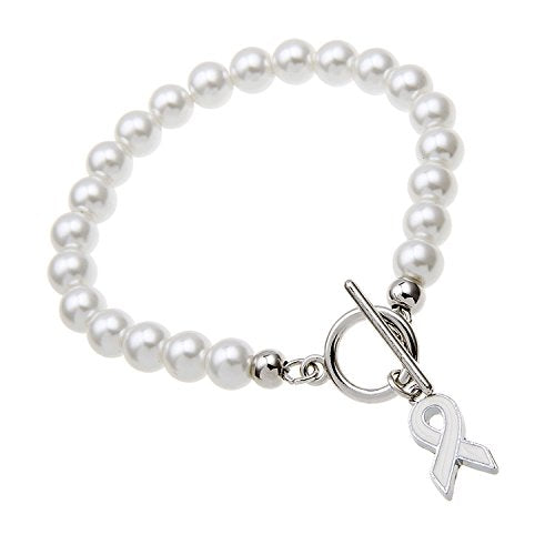 CMajor Imitation Pearl White Ribbon Bone Cancer Awareness Bracelet