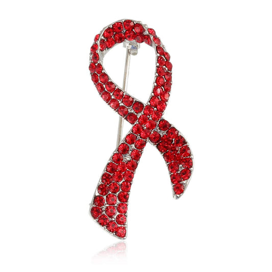 Red Ribbon Pin AIDS Cancer Awareness Crystal Rhinestone Brooch Jewelry