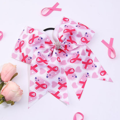 Breast Cancer Awareness Cheer Bows Pink Ribbon 7 Inch Hair Band Elastic Scrunchies Cheerleading Hair Accessories for Teens Women