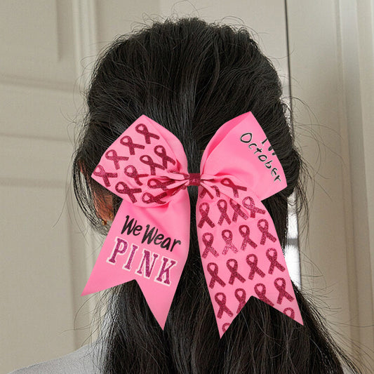 Breast Cancer Awareness Cheer Bows Pink Ribbon 7 Inch Hair Band Elastic Scrunchies Cheerleading Hair Accessories for Teens Women