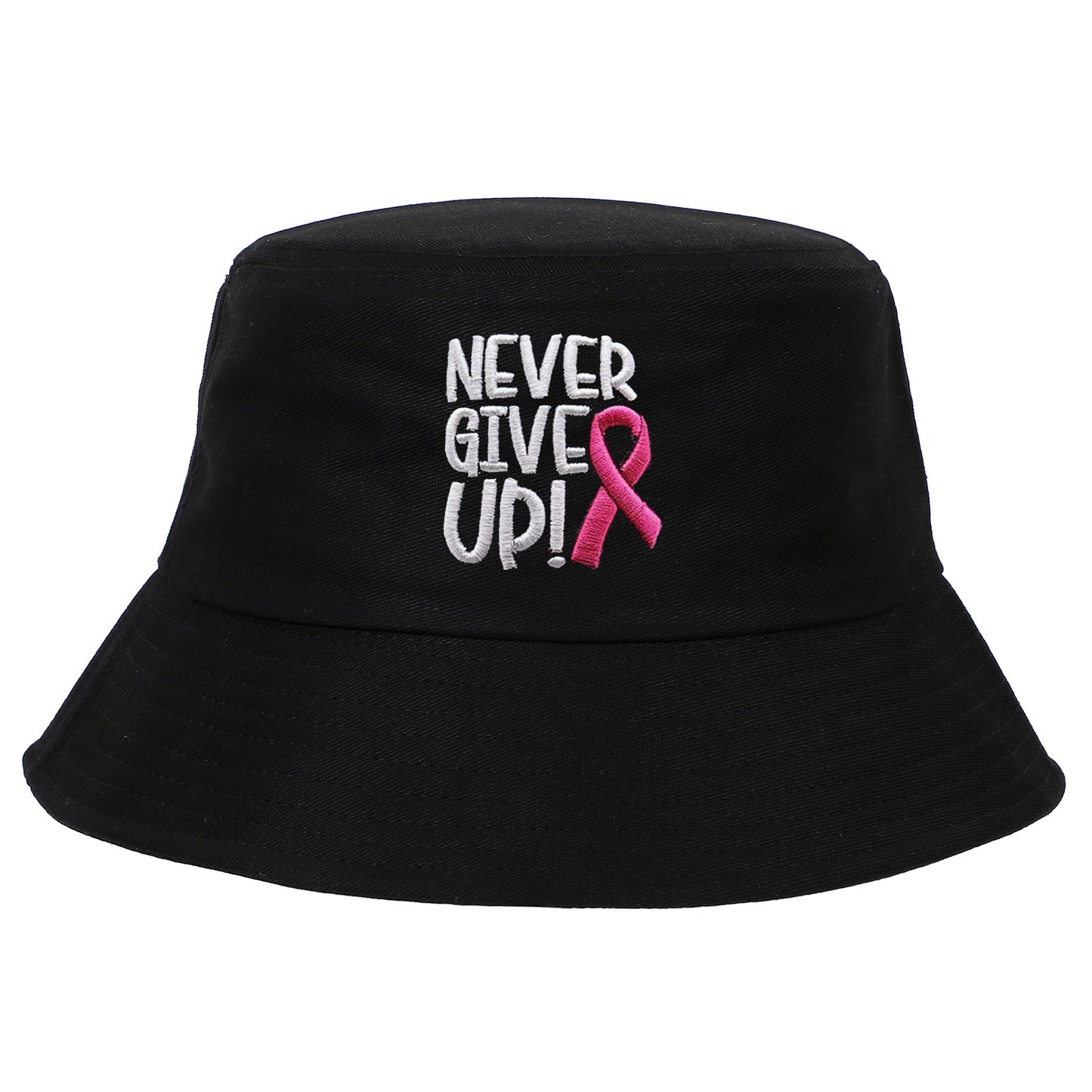 Breast Cancer Awareness Pink Ribbon Embroidered Letter NEVER GIVE UP Washed Cotton Bucket Hat Cap Wholesale
