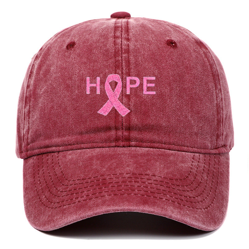 Breast Cancer Awareness Pin Ribbon Hope Letter Embroidered Baseball Cap, Washed Cotton Snapback, Unisex Outdoor Casual Sun Hat