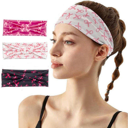 Breast Cancer Awareness Stretchy Headband for Women Girls Pink Ribbon Head Bandana Non-Slip Knotted Headbands Elastic Wide Cancer Survivor Sweatband Workout Sport Yoga Running Hair Accessories 3PCS