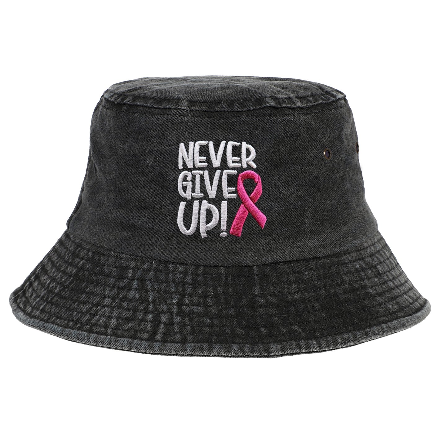 Breast Cancer Awareness Pink Ribbon Embroidered Letter NEVER GIVE UP Washed Cotton Bucket Hat Cap Wholesale