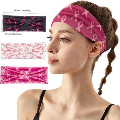 Breast Cancer Awareness Stretchy Headband for Women Girls Pink Ribbon Head Bandana Non-Slip Knotted Headbands Elastic Wide Cancer Survivor Sweatband Workout Sport Yoga Running Hair Accessories 3PCS