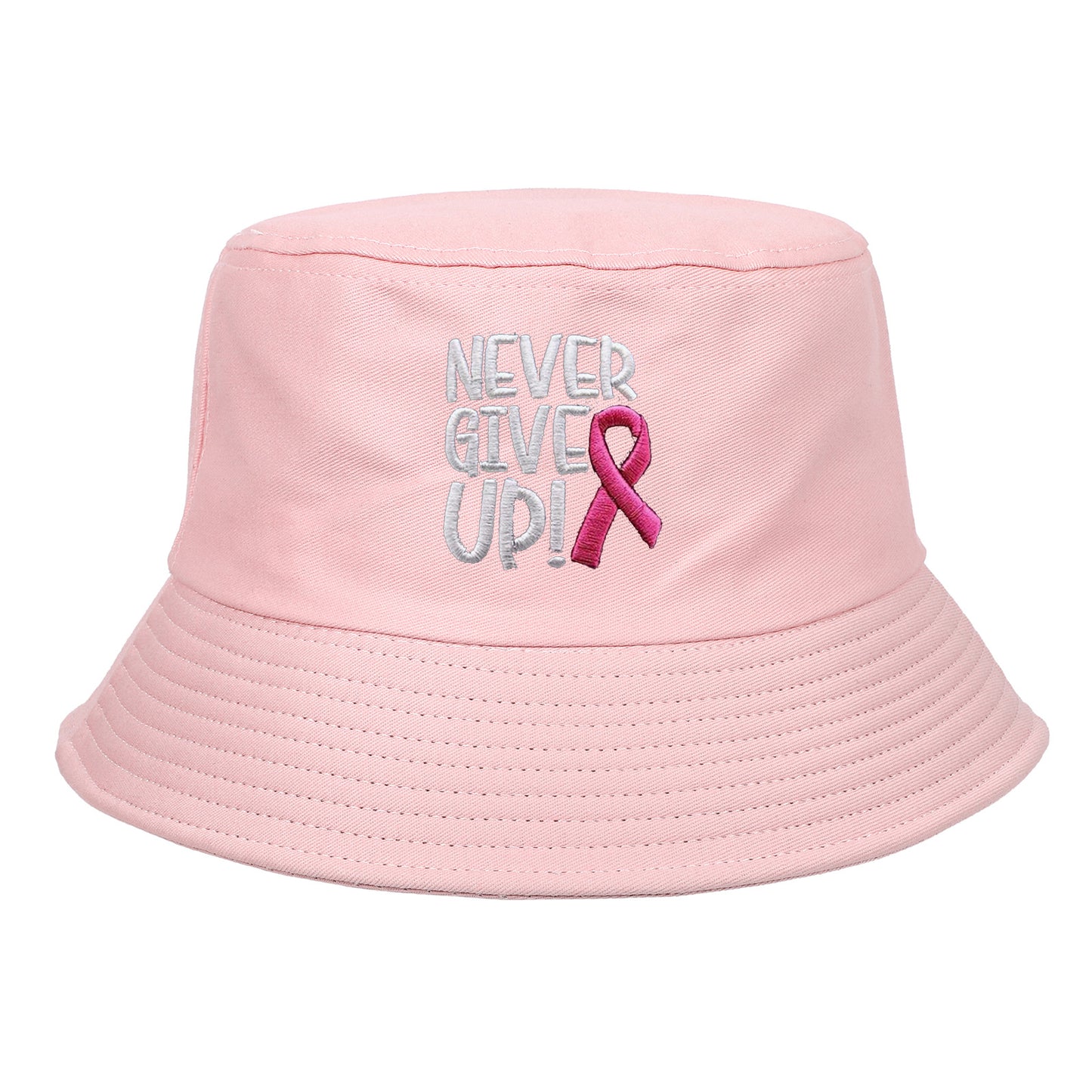 Breast Cancer Awareness Pink Ribbon Embroidered Letter NEVER GIVE UP Washed Cotton Bucket Hat Cap Wholesale
