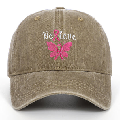 Breast Cancer Awareness Pink Ribbon Adjustable Snapback Cap, Embroidered "Believe" with Pink Ribbon & Butterfly on Cotton-Denim Hat