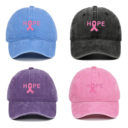 Breast Cancer Awareness Pin Ribbon Hope Letter Embroidered Baseball Cap, Washed Cotton Snapback, Unisex Outdoor Casual Sun Hat