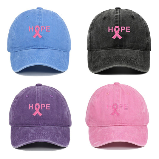 Breast Cancer Awareness Pin Ribbon Hope Letter Embroidered Baseball Cap, Washed Cotton Snapback, Unisex Outdoor Casual Sun Hat