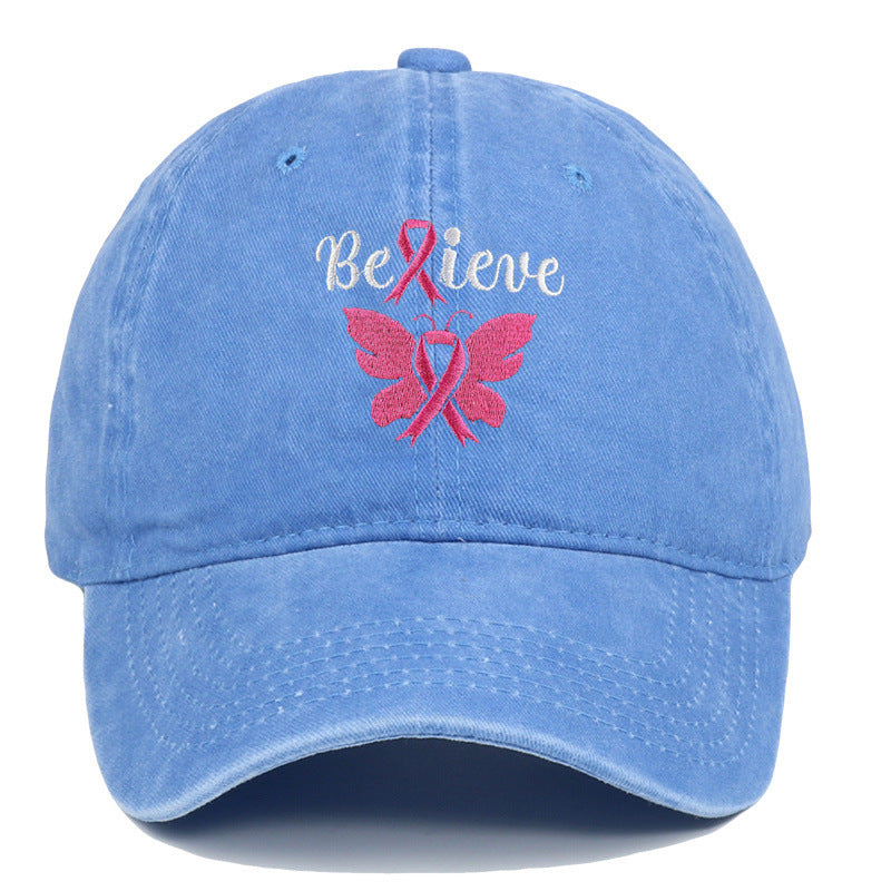 Breast Cancer Awareness Pink Ribbon Adjustable Snapback Cap, Embroidered "Believe" with Pink Ribbon & Butterfly on Cotton-Denim Hat