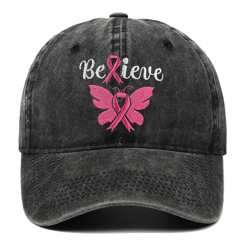 Breast Cancer Awareness Pink Ribbon Adjustable Snapback Cap, Embroidered "Believe" with Pink Ribbon & Butterfly on Cotton-Denim Hat