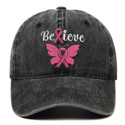 Breast Cancer Awareness Pink Ribbon Adjustable Snapback Cap, Embroidered "Believe" with Pink Ribbon & Butterfly on Cotton-Denim Hat