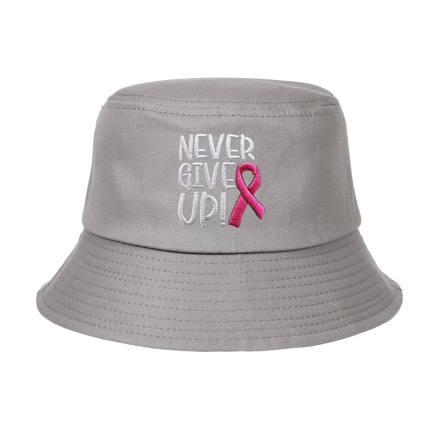Breast Cancer Awareness Pink Ribbon Embroidered Letter NEVER GIVE UP Washed Cotton Bucket Hat Cap Wholesale